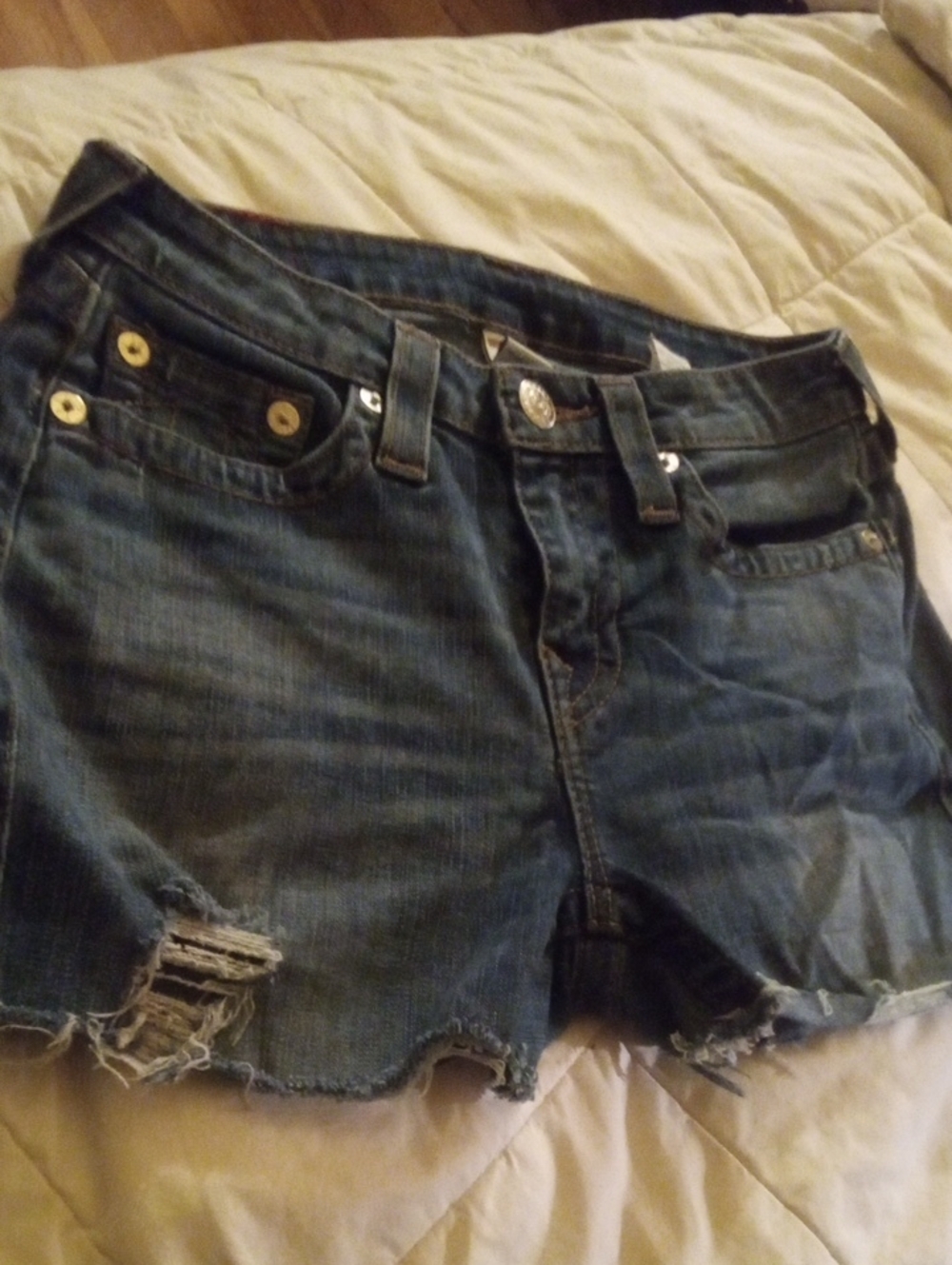 True Religion Blue Distressed Denim Cutoff Shorts (Plus 2nd Pair Free) - Picture 7 of 12